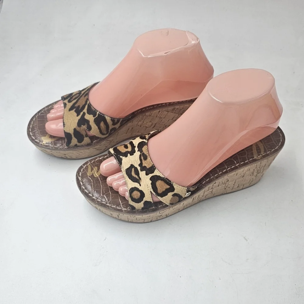 Sam Edelman Reid Leopard Calf Hair Cork Wedge Slide Sandals Platform Size 8